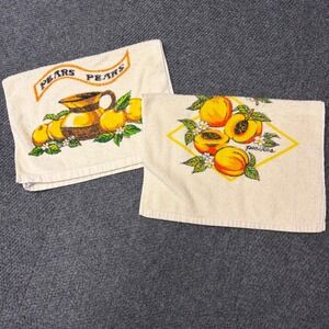 Vintage Kmart Fruit Hand Towel Set Pears Peaches Cotton Cream Retro Kitchen 2pc